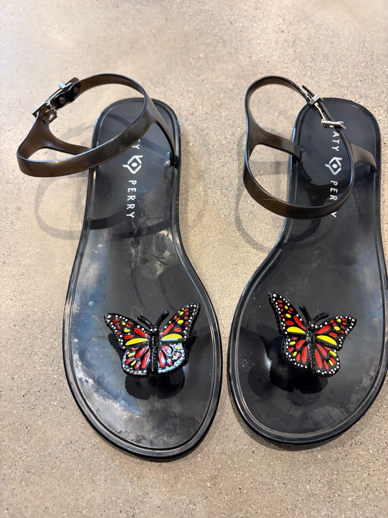 Katy Perry Collections Black Jelly Sandals With Red & Yellow Butterfly Accents